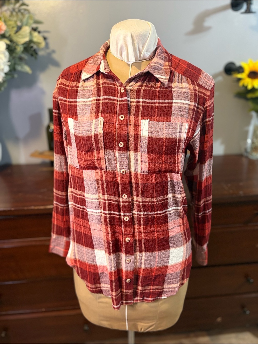 Pilcro Red and White Plaid Button-Down Shirt